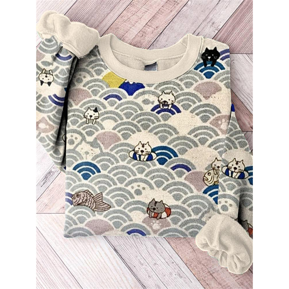 Lucky Cat Traditional Japanese Art Print Cotton Cozy Sweatshirt