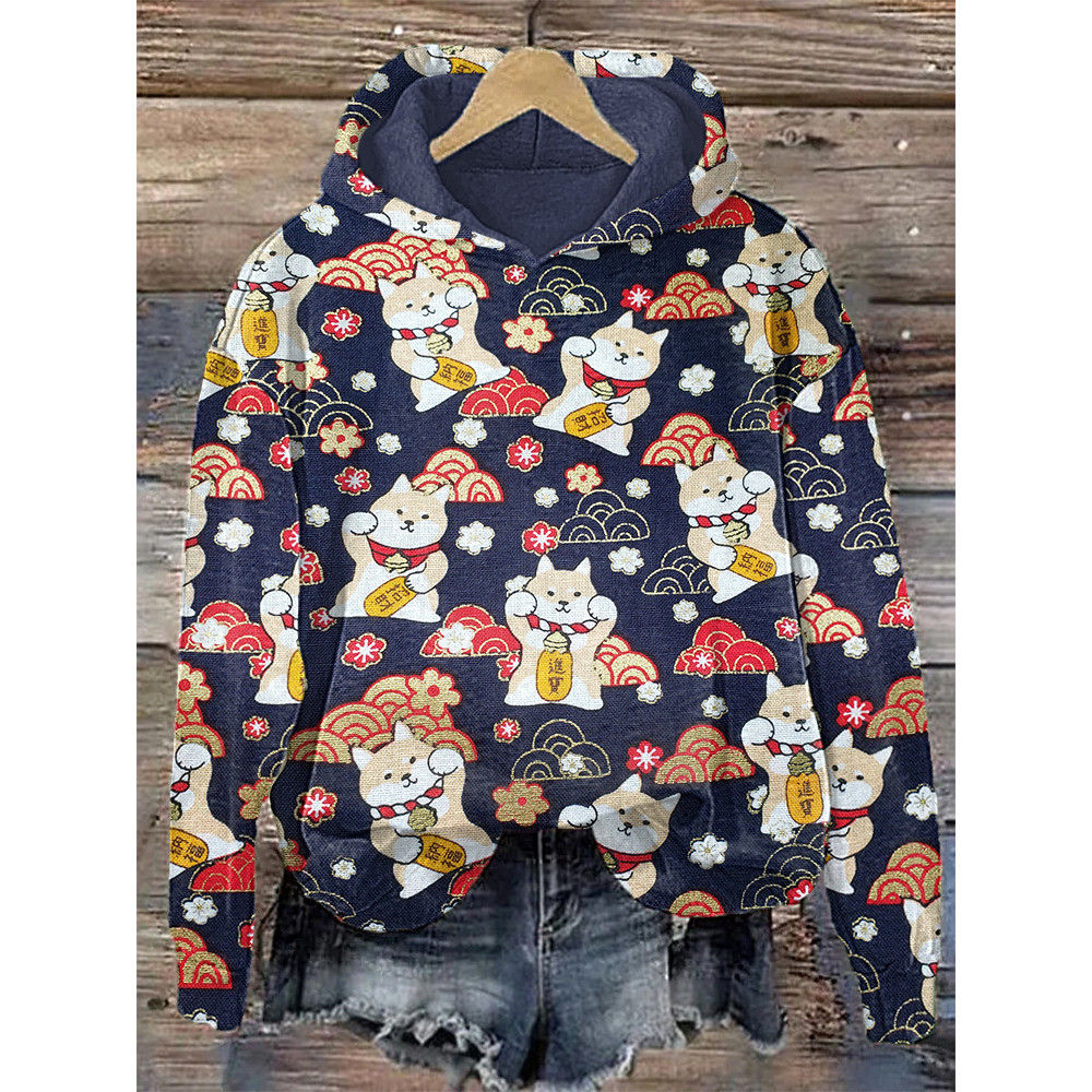 Lucky Cat Traditional Japanese Art Print Vintage Hoodie