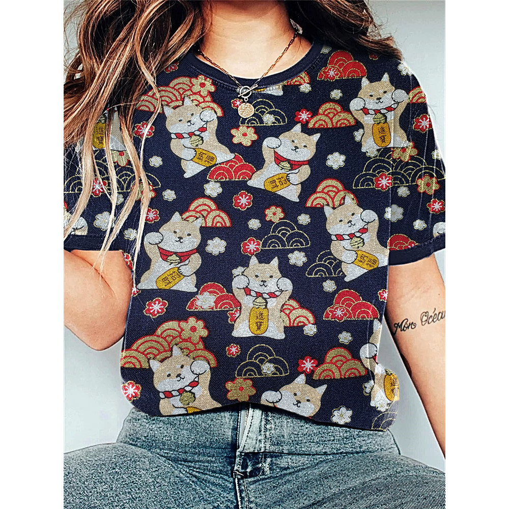 Lucky Cat Traditional Japanese Art Print Vintage T-Shirt