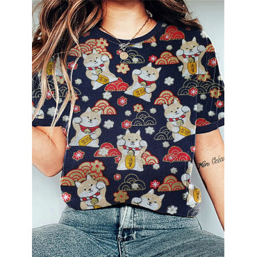 Lucky Cat Traditional Japanese Art Print Vintage T-Shirt