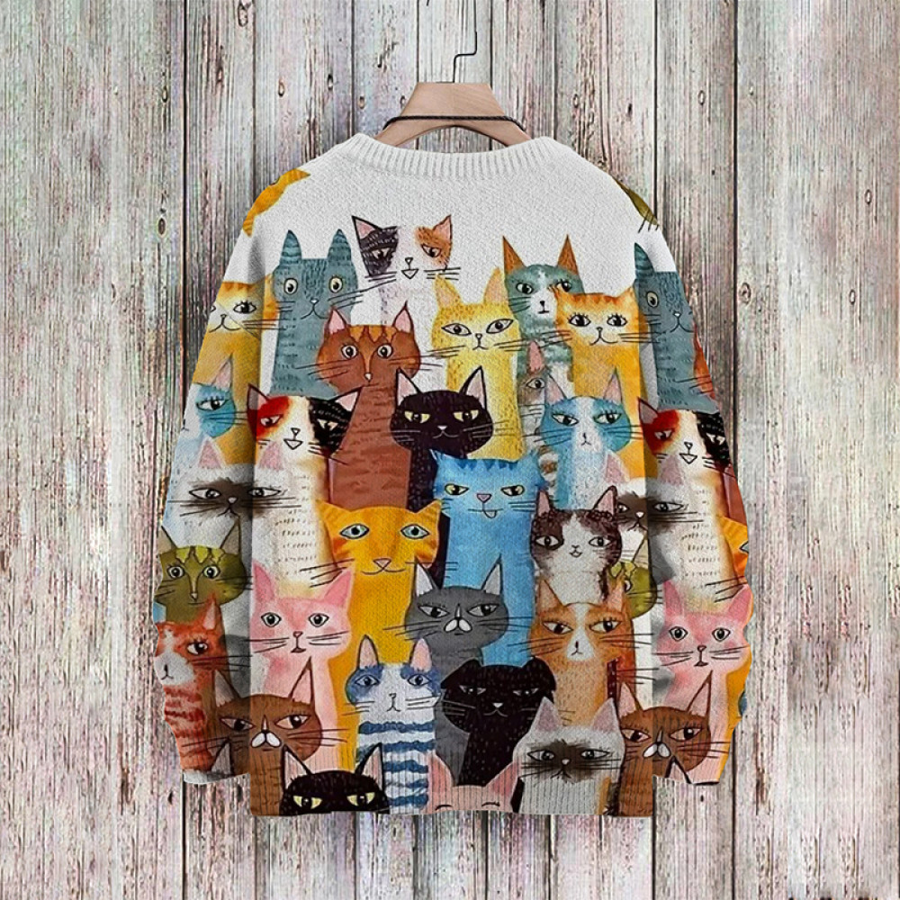 Men's Sweater Cat Party Pattern Pullover Print Casual Sweater