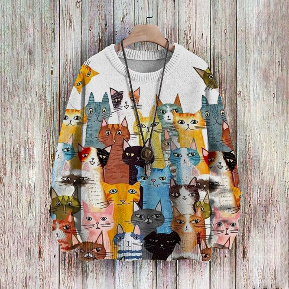 Men's Sweater Cat Party Pattern Pullover Print Casual Sweater