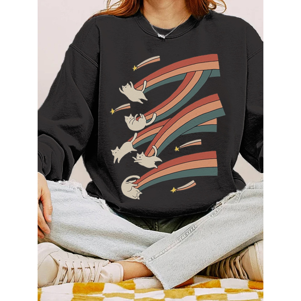 Meteor Rainbow Cat Print Crew Neck Sweatshirt