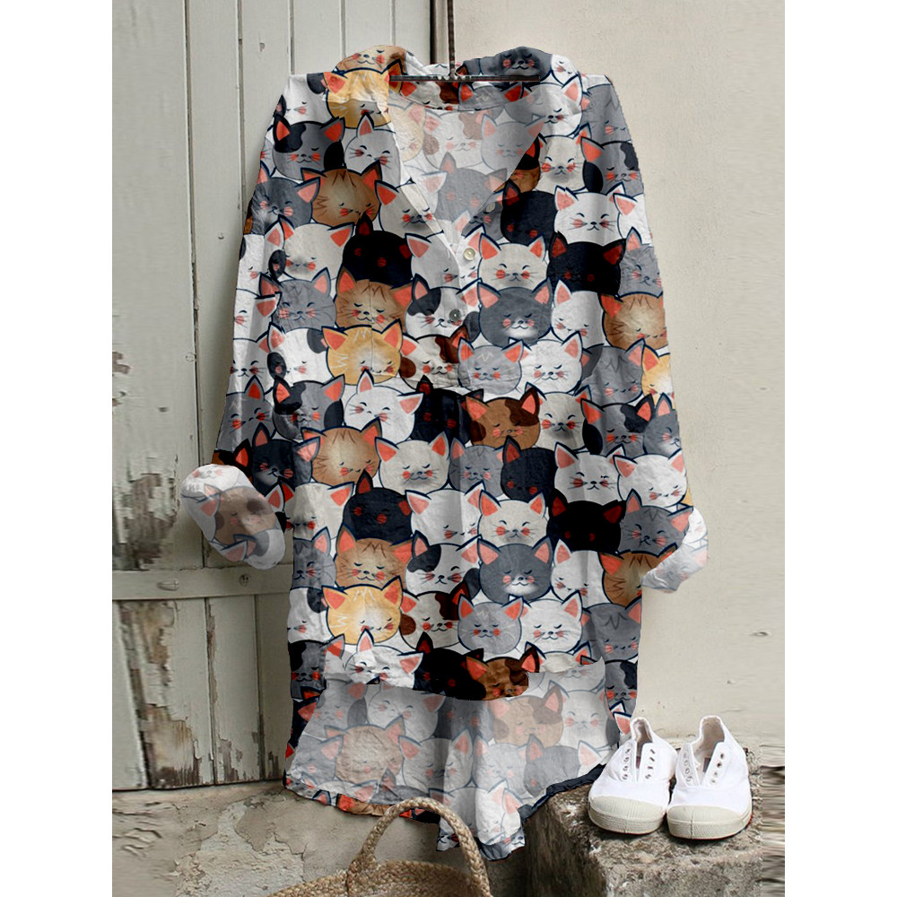 Multicolored Cat Crowd Pattern High Low Cozy Tunic