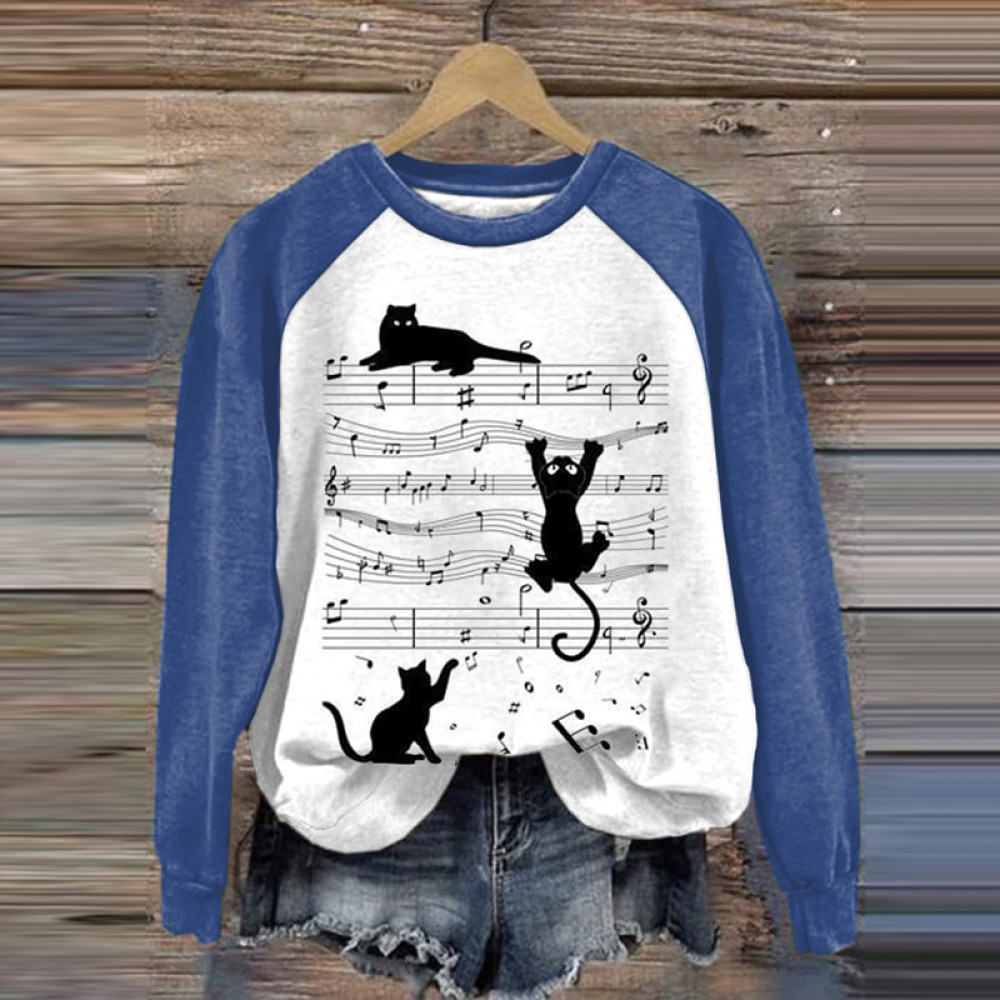 Music And Cats Print Casual Sweatshirt