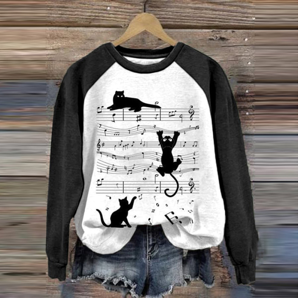 Music And Cats Print Casual Sweatshirt