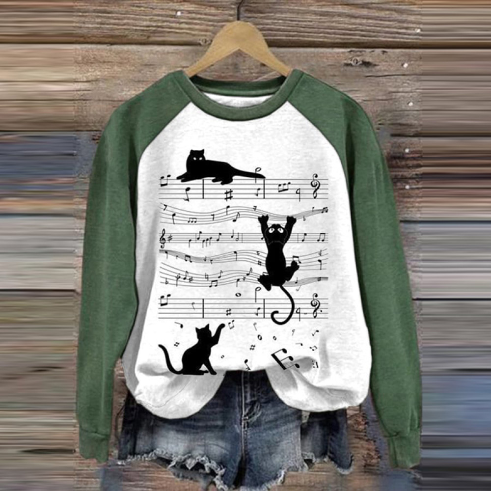 Music And Cats Print Casual Sweatshirt