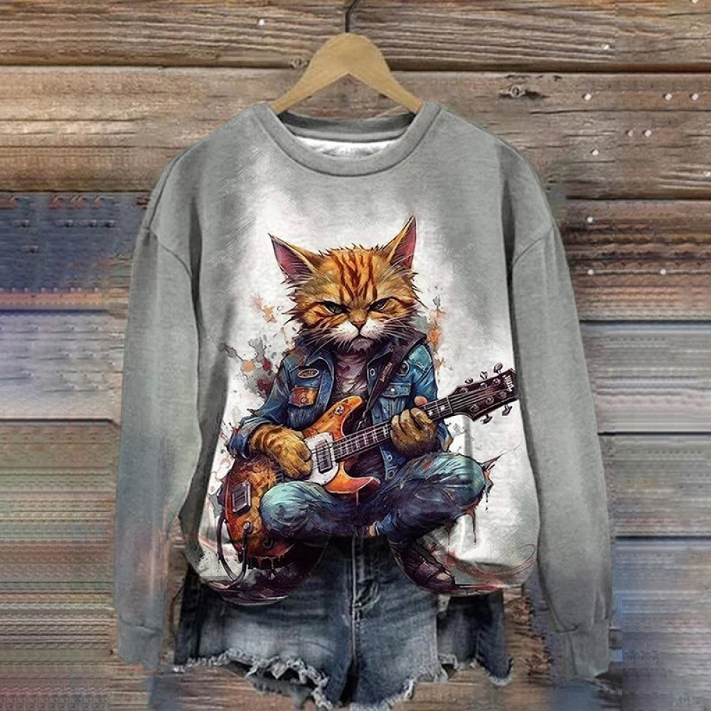 Music Cat Casual Print Sweatshirt