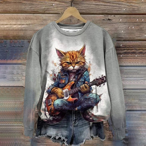 Music Cat Casual Print Sweatshirt