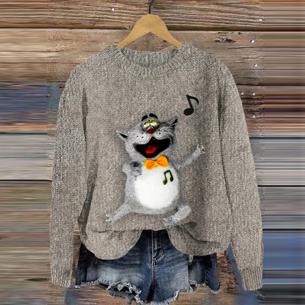 Music Cat Singer Plush Felt Cozy Knit Sweater