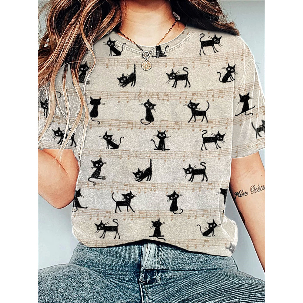Musical & Funny Cat Print Cotton Cozy T-shirt