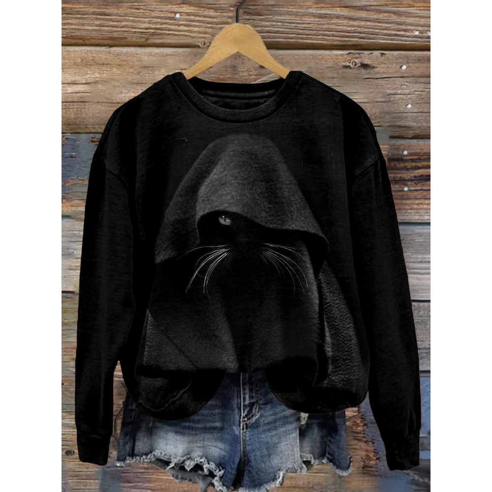 Mysterious Cat Graphic Vintage Cozy Sweatshirt