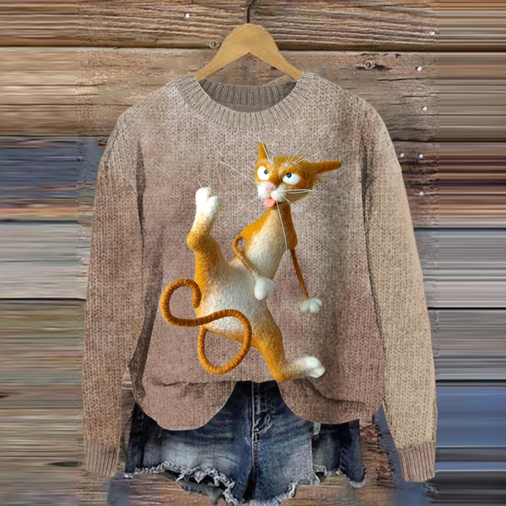 Naughty Cat Plush Felt Cozy Knit Sweater