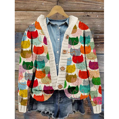 Never Too Many Cats Cozy Hooded Button Cardigan