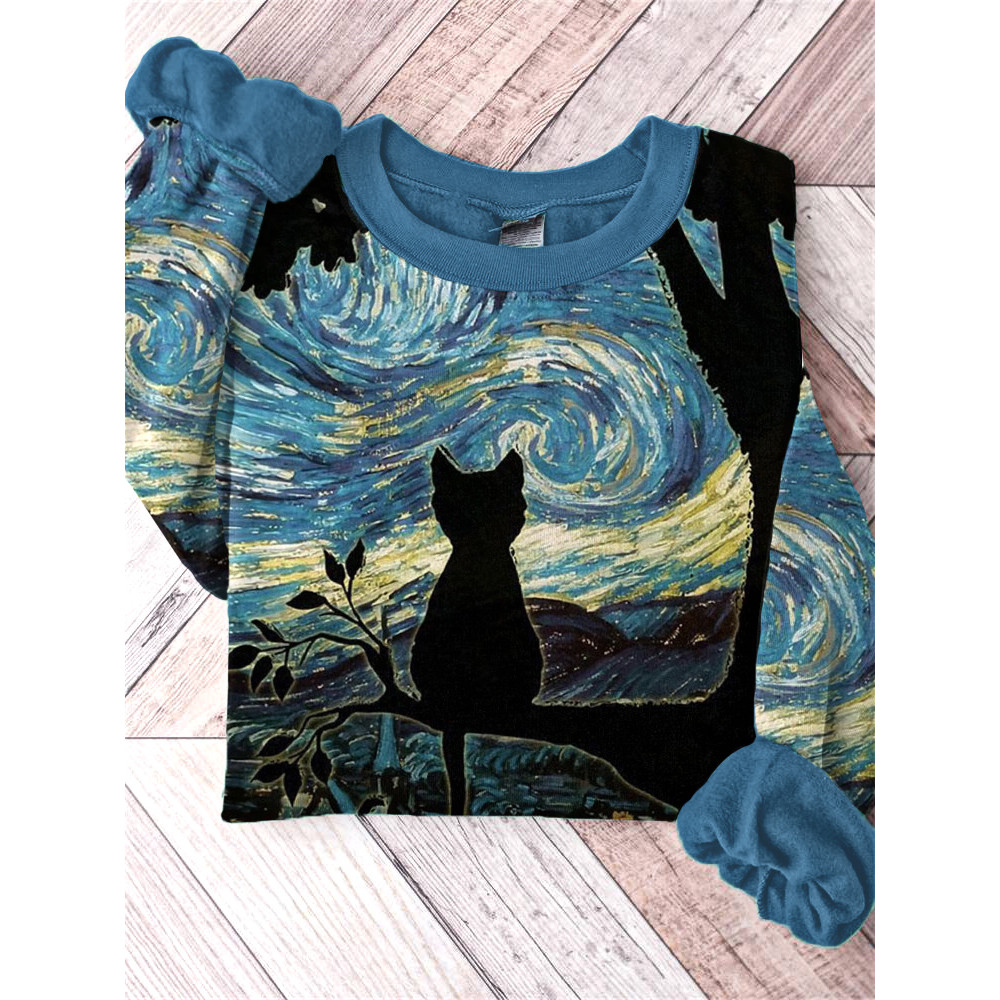 Oil Painting Black Cat Print Casual Sweatshirt