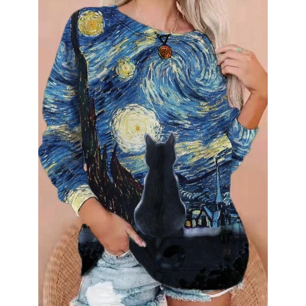 Oil Painting Cat Moon Print Round Neck Long Sleeve Sweatshirt