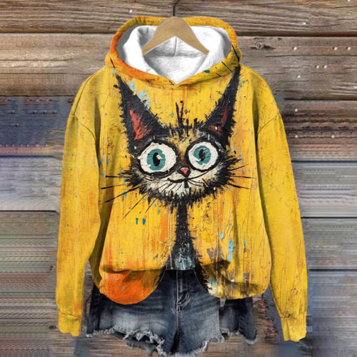 Oil Painting Cat Print Casual Hoodie
