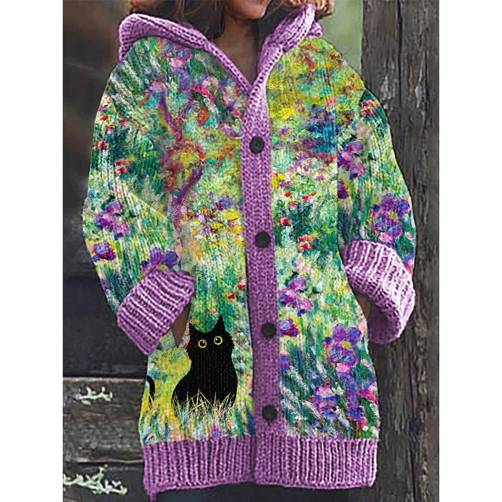 Oil Painting Irises Garden Cat Cozy Knit Hooded Cardigan