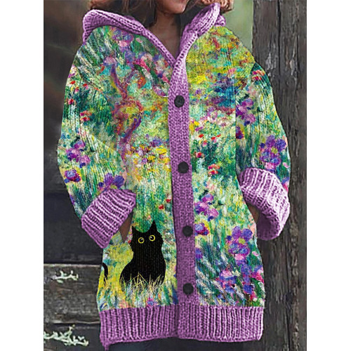 Oil Painting Irises Garden Cat Cozy Knit Hooded Cardigan