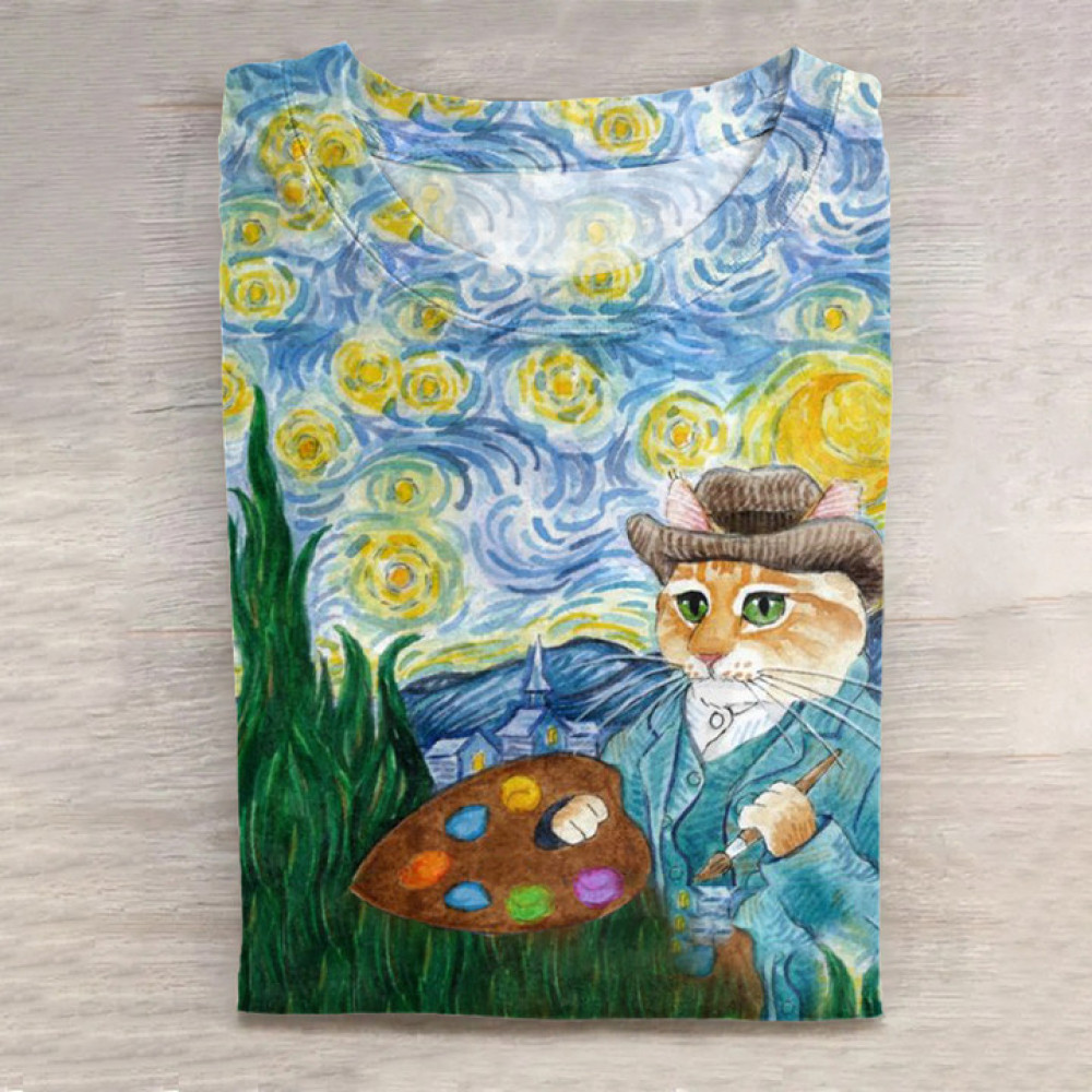 Oil Painting Starry Sky Cat Print Long Sleeve T-Shirt