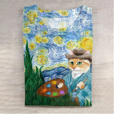 Oil Painting Starry Sky Cat Print Long Sleeve T-Shirt