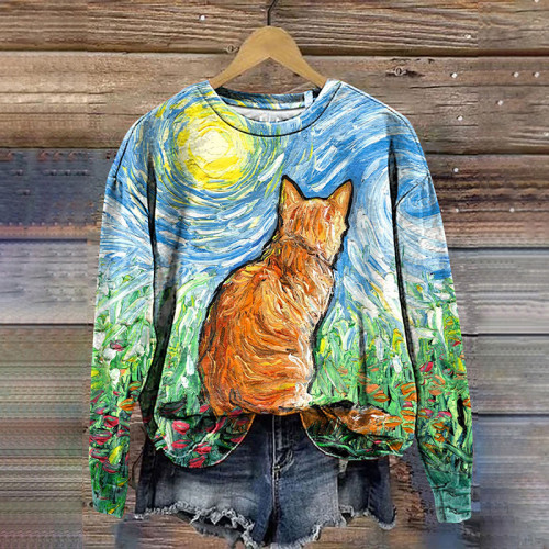 Orange Tabby Cat Impressionist Morning Art Print Cat Lover Sweatshirt