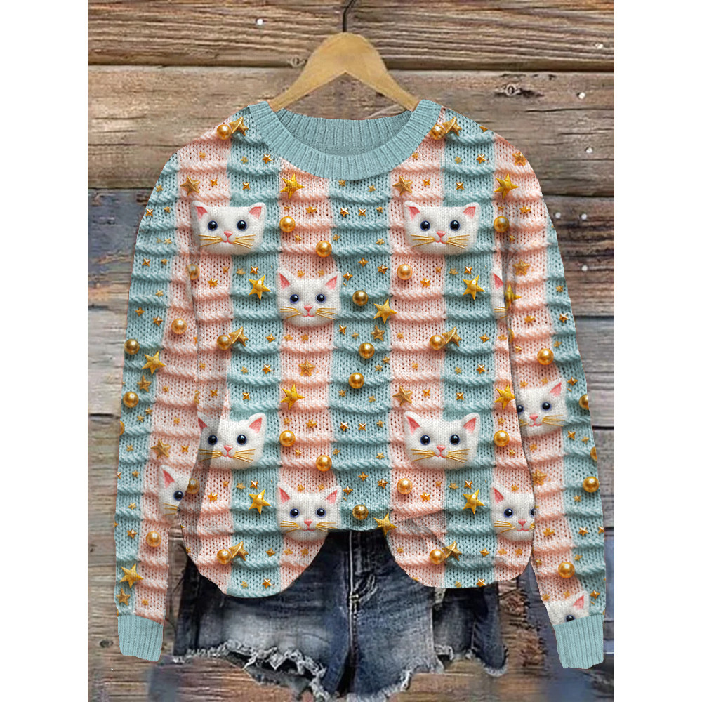 Pastel Christmas Cats Casual Cozy Knit Sweater