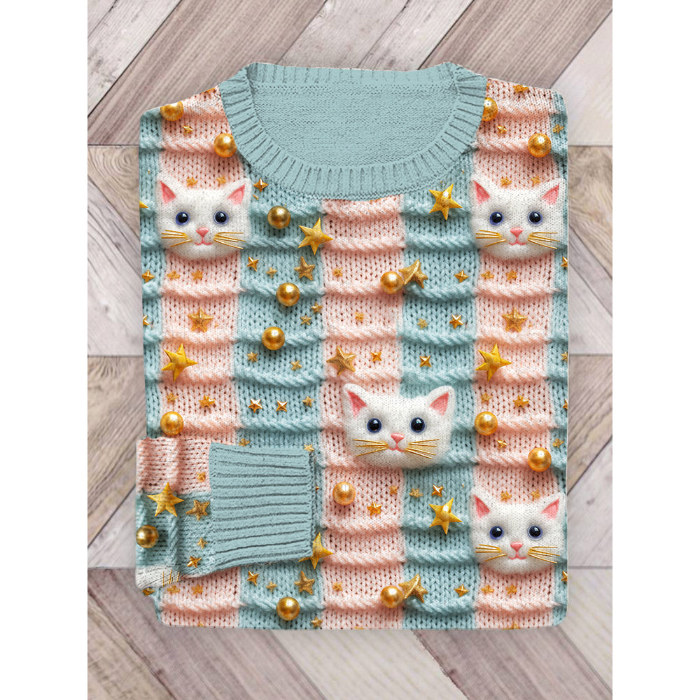 Pastel Christmas Cats Embroidery Art Casual Cozy Knit Sweater
