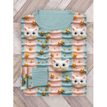 Pastel Christmas Cats Embroidery Art Casual Cozy Knit Sweater