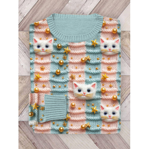 Pastel Christmas Cats Embroidery Art Casual Cozy Knit Sweater