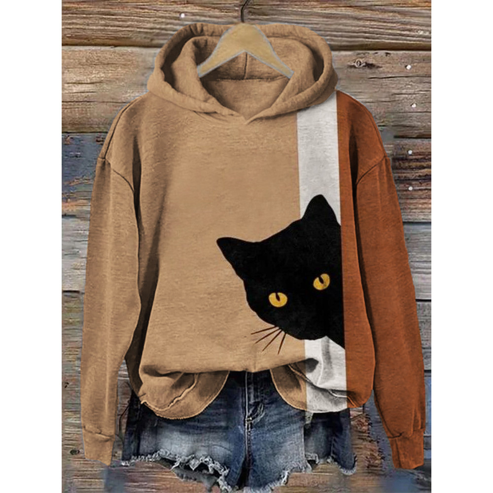 Peeking Black Cat Colorblock Cozy Hoodie