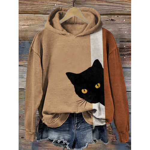 Peeking Black Cat Colorblock Cozy Hoodie