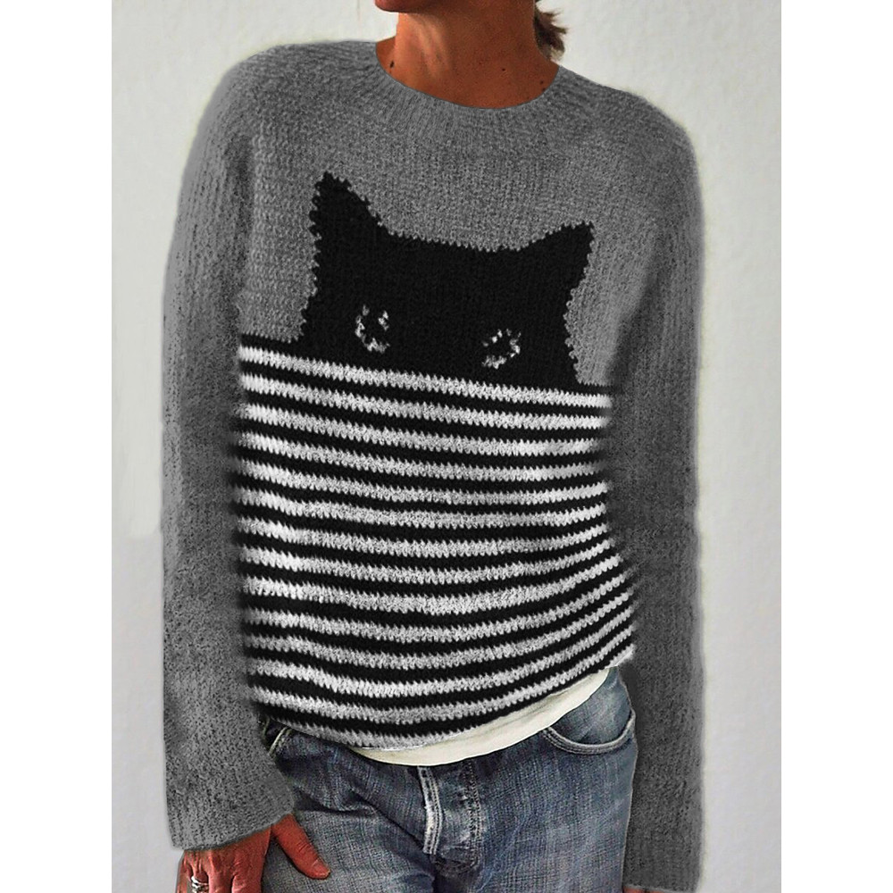 Peeking Black Cat Striped Contrast Cozy Sweater