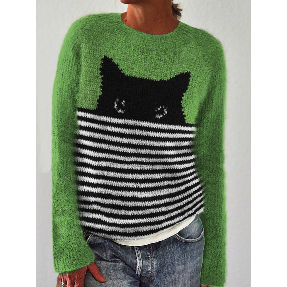 Peeking Black Cat Striped Contrast Cozy Sweater