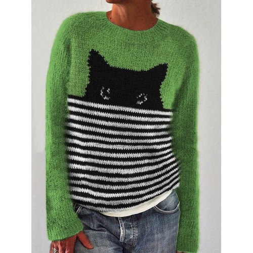 Peeking Black Cat Striped Contrast Cozy Sweater