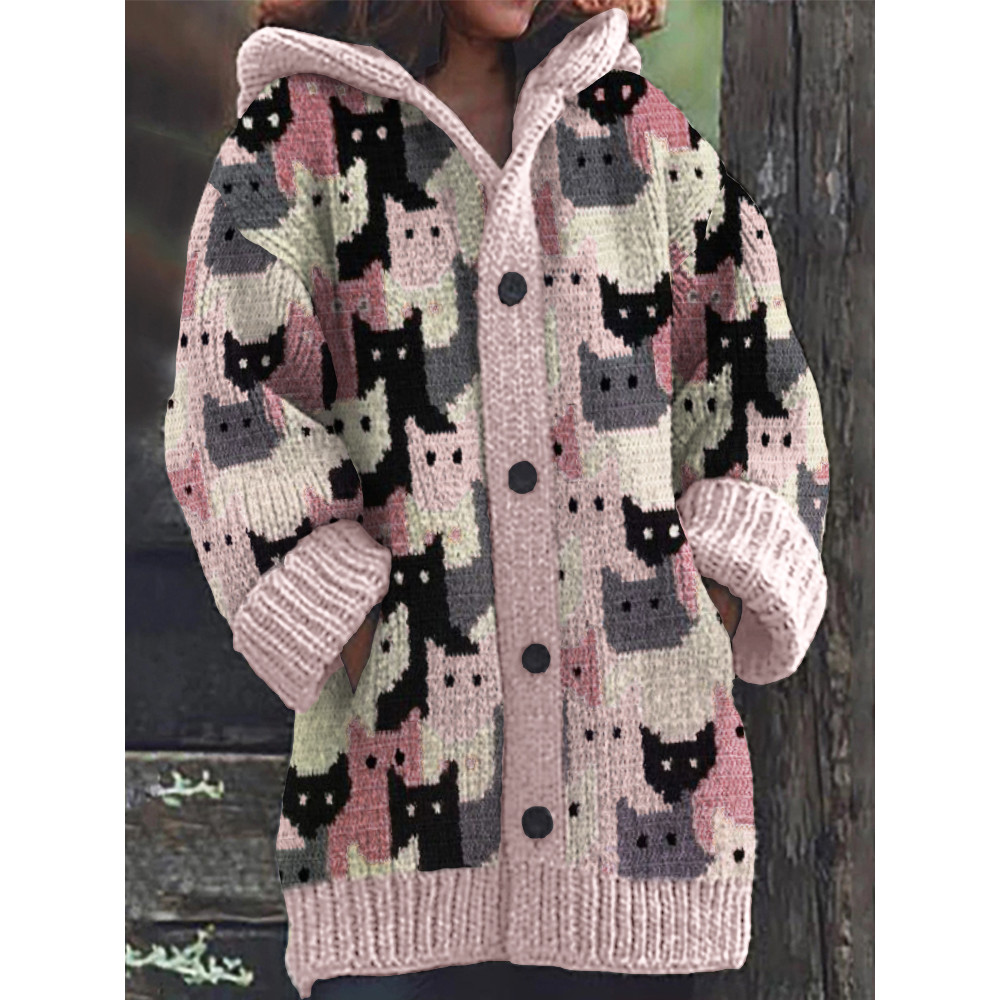 Pink Crowded Cats Knit Art Cozy Hooded Cardigan