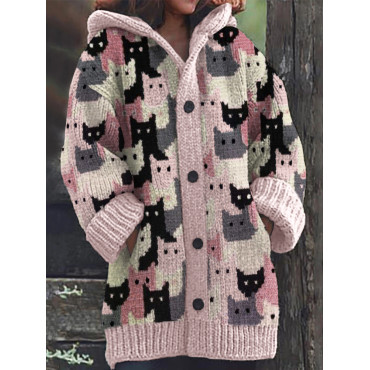 Pink Crowded Cats Knit Art Cozy Hooded Cardigan