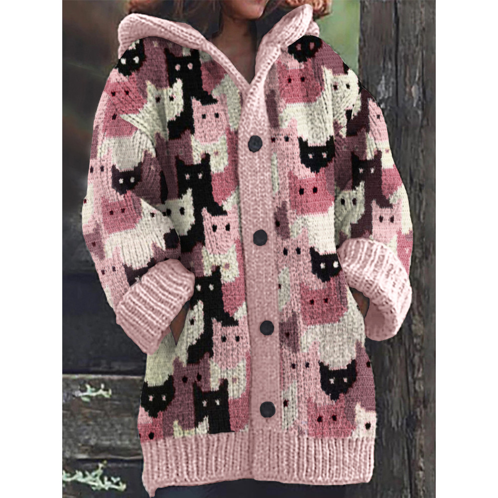 Pink Crowded Cats Knit Art Cozy Hooded Cardigan