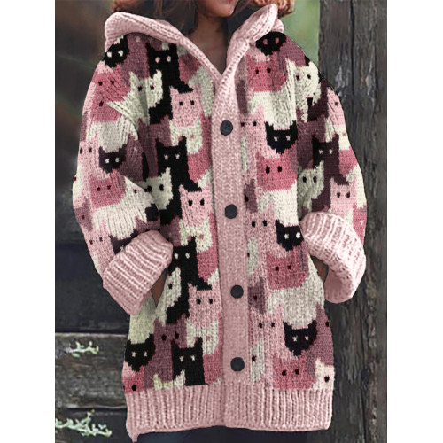 Pink Crowded Cats Knit Art Cozy Hooded Cardigan