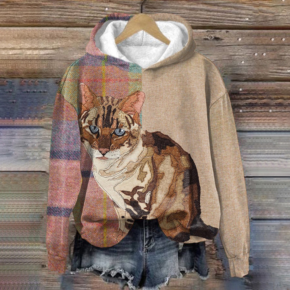Plaid Cat Print Casual Long Sleeve Hoodie