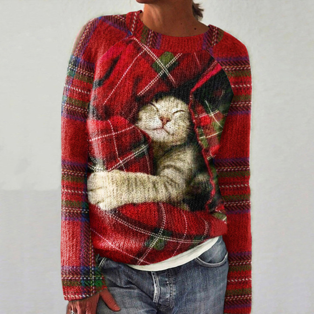 Plaid Cat Print Crew Neck Long Sleeve Sweater