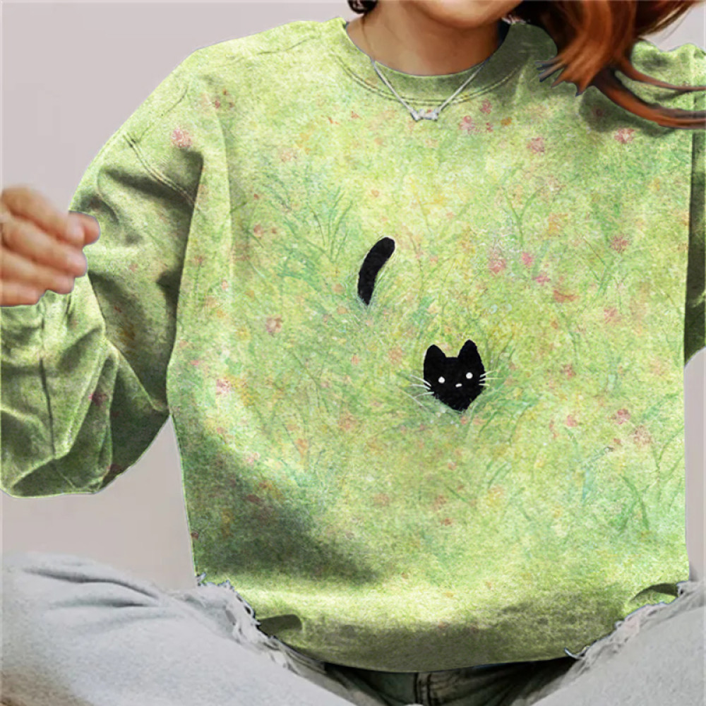 Plant & Cat Painting Art Crew Neck Sweatshirt