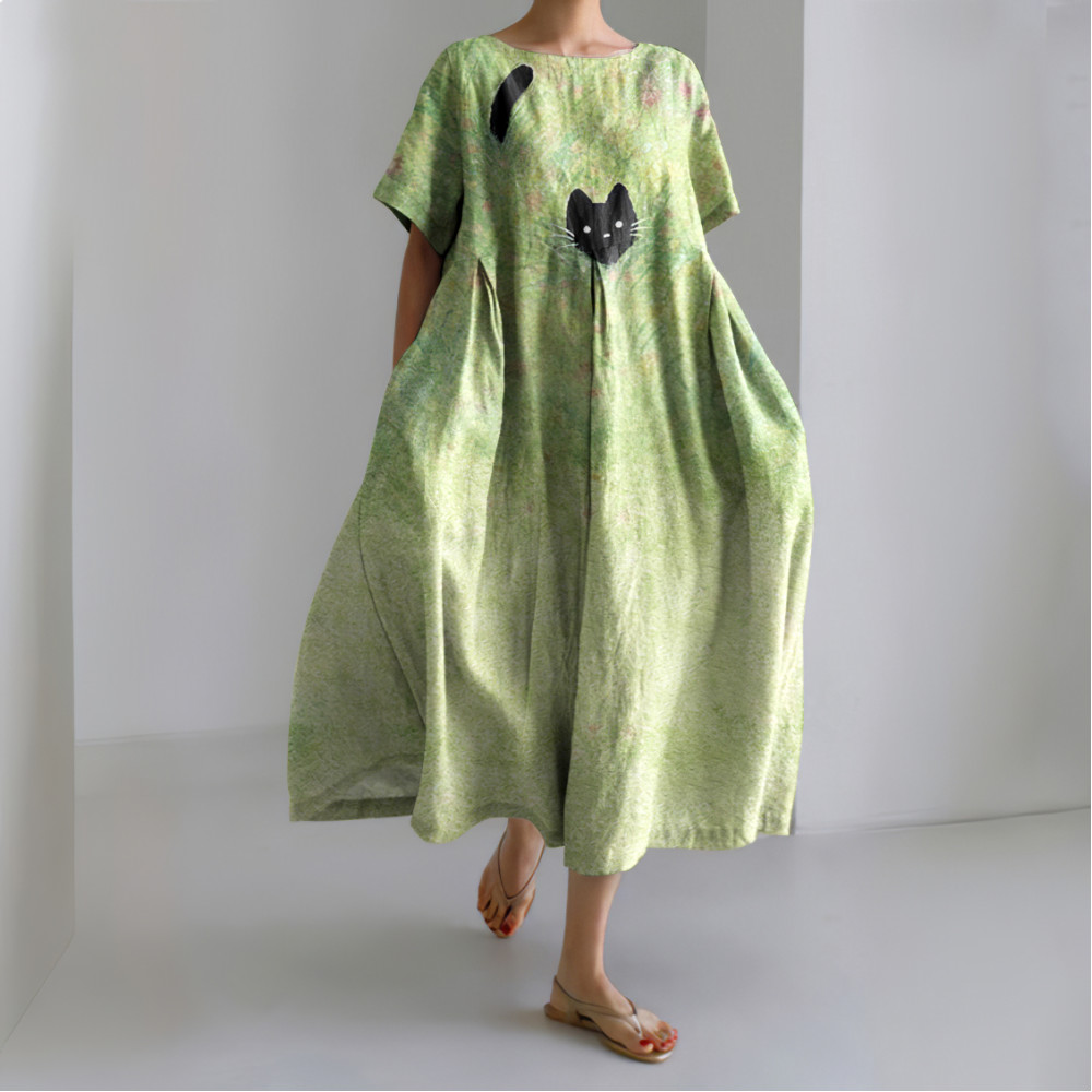 Plant & Cat Painting Art Linen Blend Maxi Dress
