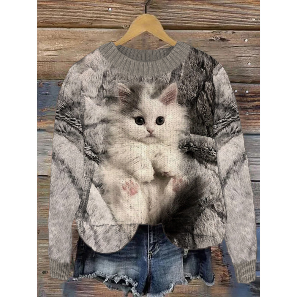 Plush Cat Print Crew Neck Sweater