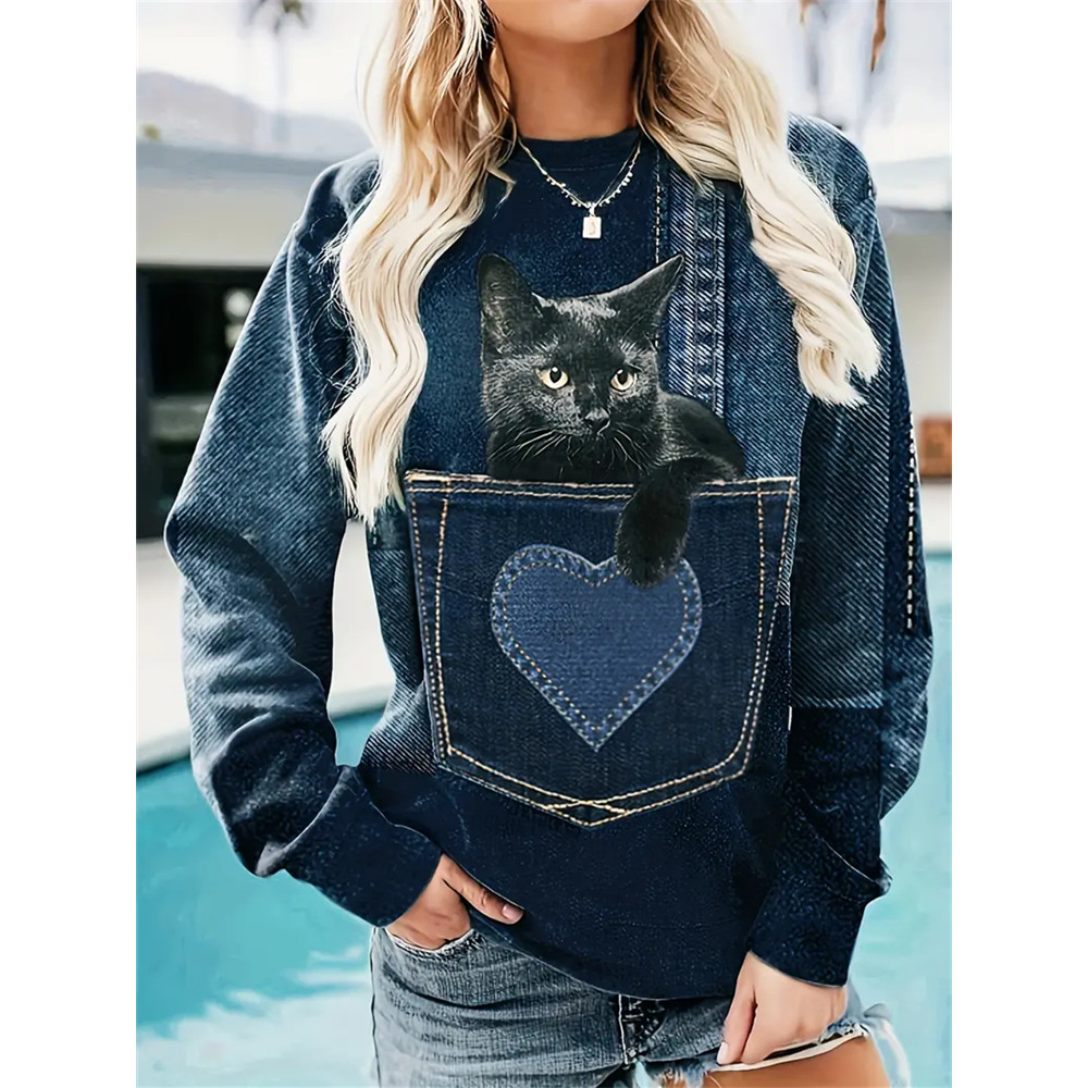 Pocket Cat Print Crew Neck Sweatshirt