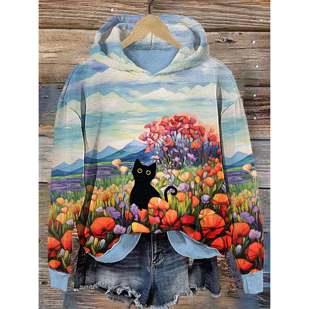 Poppy Flower & Black Cat Art Painting Casual Cozy Hoodie
