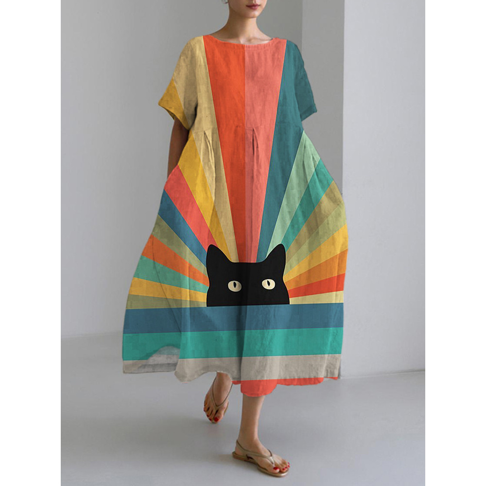 Rainbow Cat Print Linen Blend Maxi Dress
