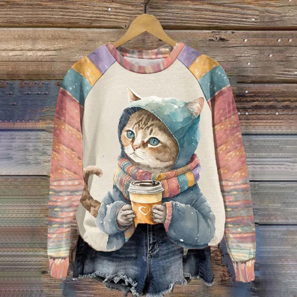 Rainbow Winter Funny Cute Cat Coffee Printed Sweatshirt
