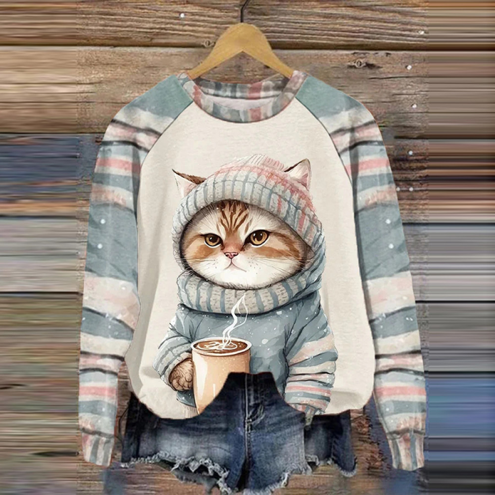 Rainbow Winter Funny Cute Cat Printed Casual Sweatshirt