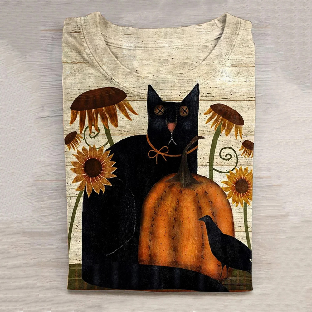 Retro Cat And Sunflower Art Print Casual T-Shirt
